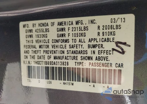 2013 Honda Accord Exl from USA, damaged, VIN 1HGCT1B89DA013828